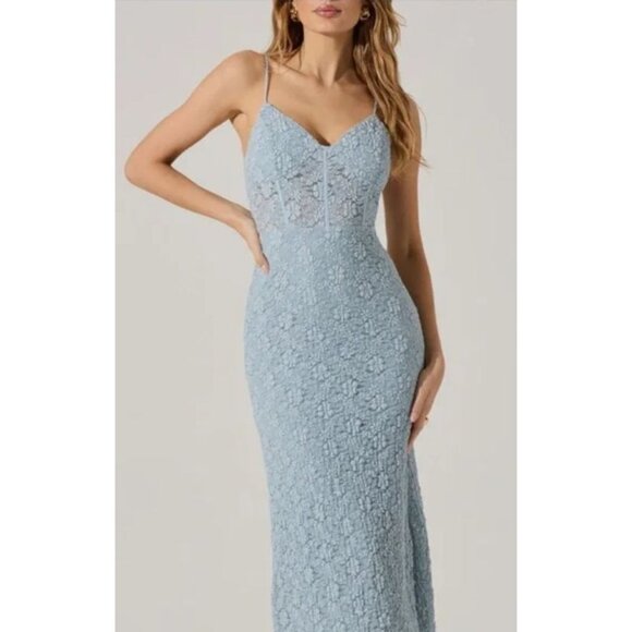 Astr Dresses & Skirts - Astr the Label Dusty Blue Floral Lace Midi Dress Babydoll Party Size Med Y2K